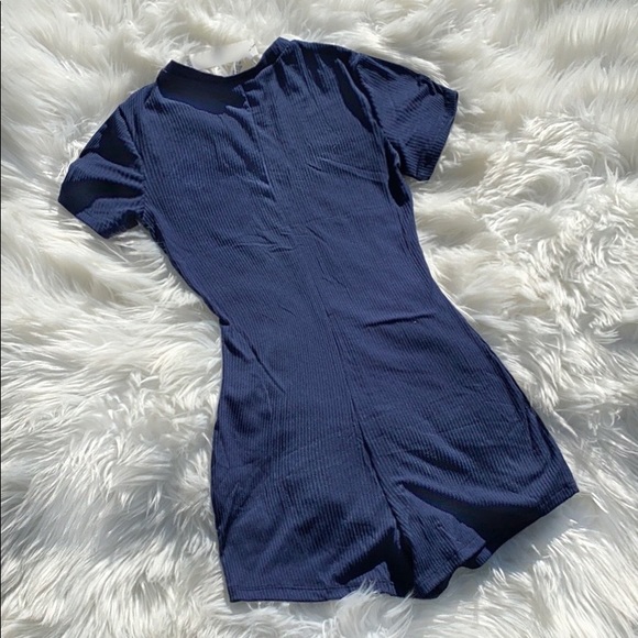 Navy Blue Button Ribbed Romper - Picture 2 of 6
